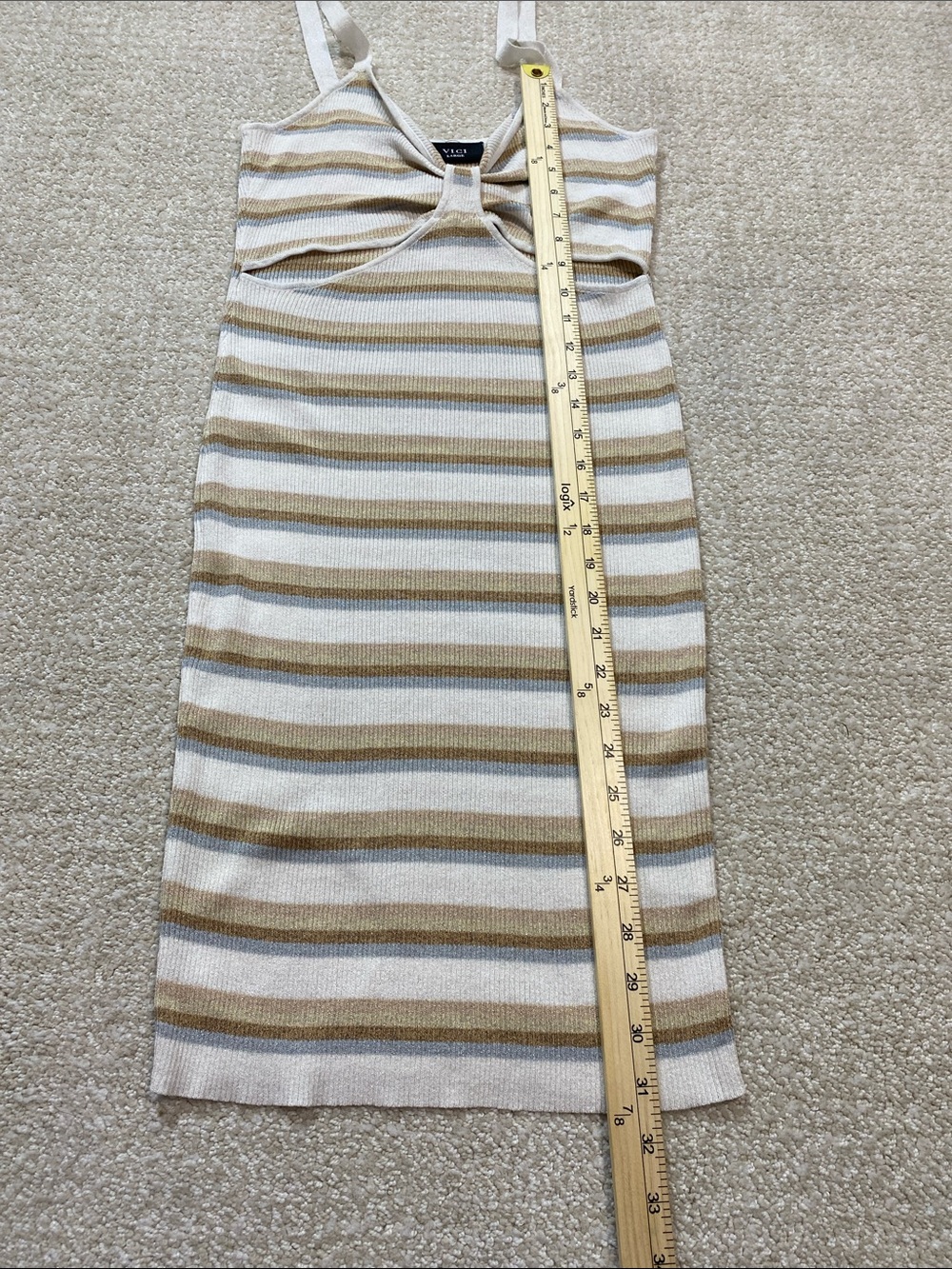 Vici Beige and White Striped Twist Cutout Midi Dress Stretch Size L 79% Viscose - Picture 14 of 16
